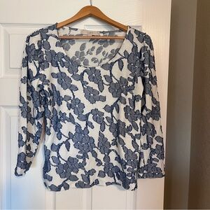 Loft Knit Top Blouse Frayed Denim Look Flowers Women’s Size Medium H6